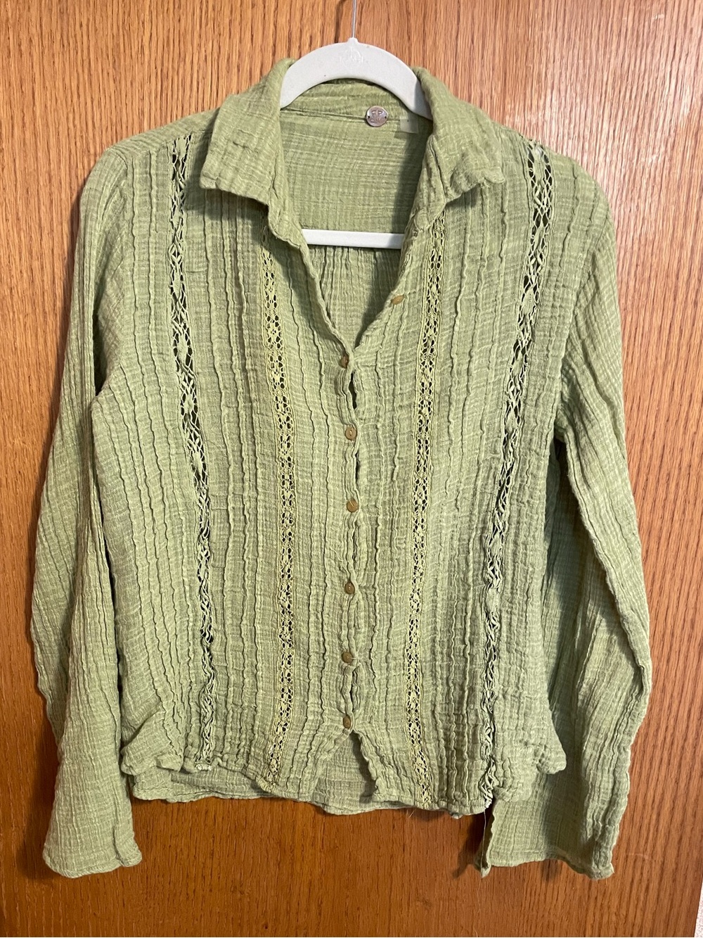 Free People FP One Mila Shirt Dried Aloe Green Cotton Lace Top S